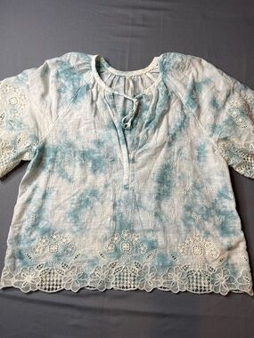 Anthropologie Olivia Embroidered Tie Dye Tie Front Raglan Sleeve Top Size Small